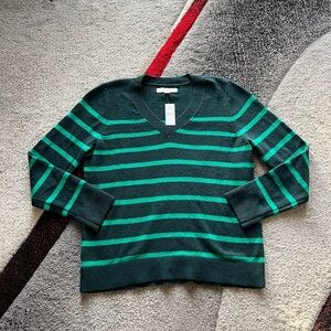 LOFT Green Striped V Neck Pull Over Sweater